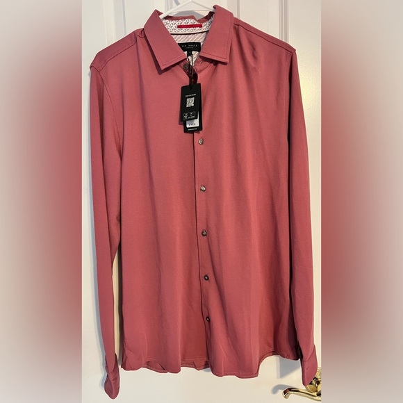 NWT Ted Baker Rigby Pique Long sleeve button down pink salmon shirt size 4 Med - Picture 1 of 16